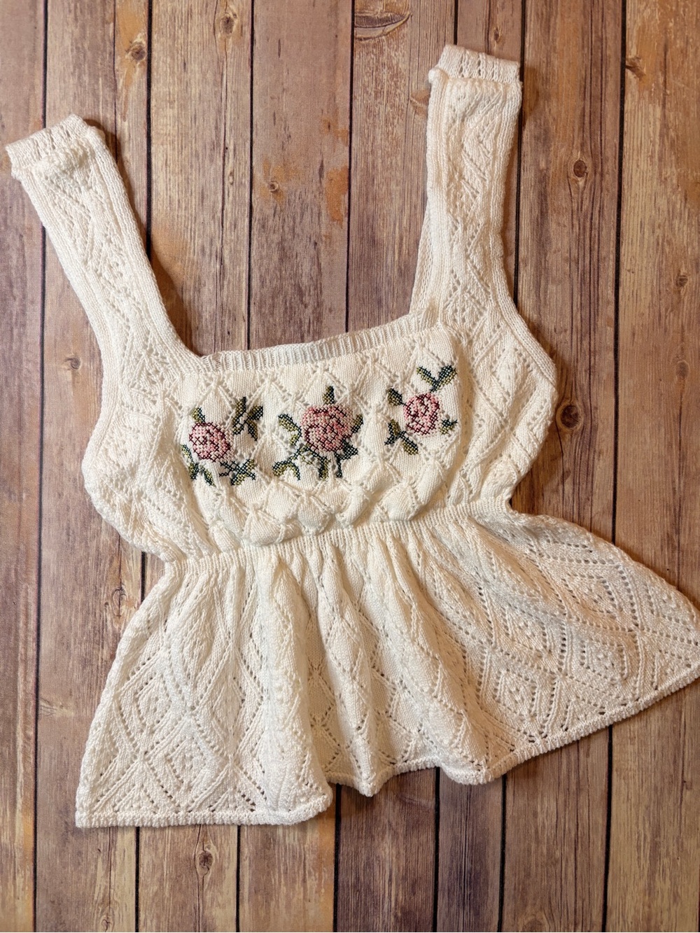 Pink Rose Cream Knit Floral Embroidered Peplum Camisole